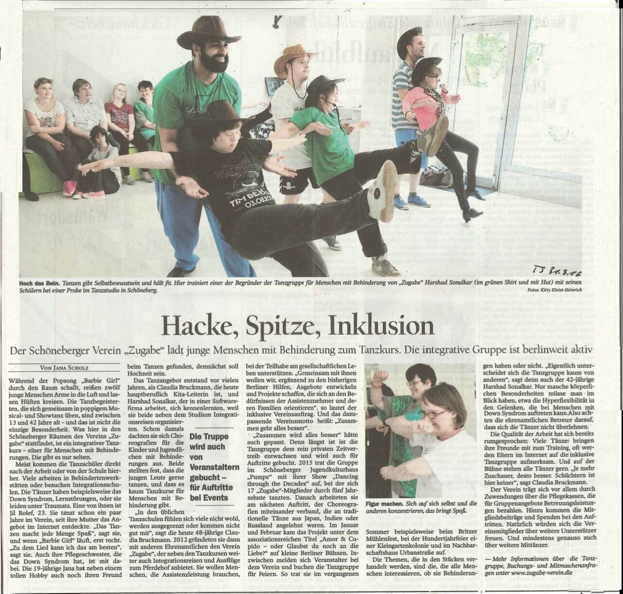 Artikel über die ZuGABe Tanzkurse im Tagesspiegel vom 31.3.2016